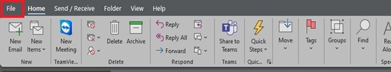 Screenshot of location of File menu in Outlook