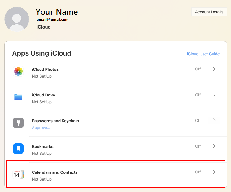 Screenshot of Calendars and Contacts option in iCloud application